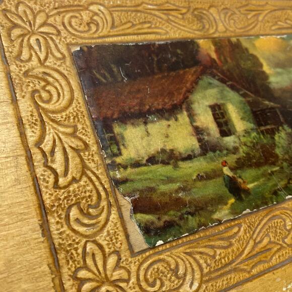 Vintage Wood Footed Jewelry Chocolate Keepsake Trinket Box Carved Mirror Hinged - Picture 5 of 13